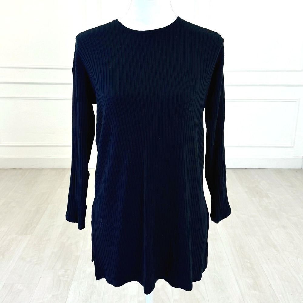 Eileen Fisher Tunic‎ Top Womens XS Black Ribbed Long Sleeve Side Slit